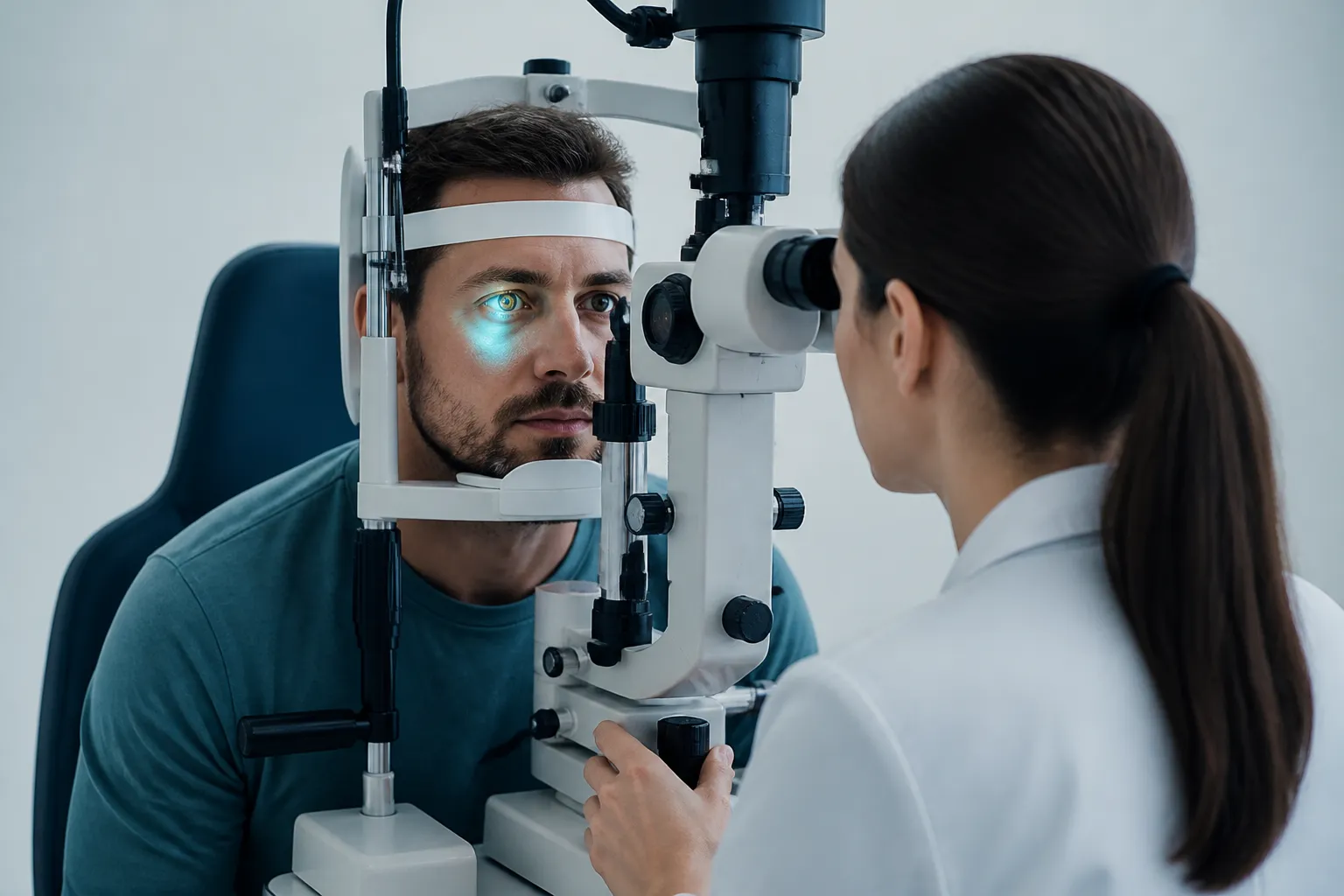 Close-up slit-lamp examination of the cornea during a refractive surgery evaluation
